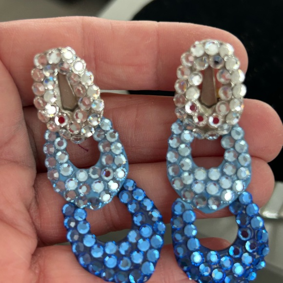 VINTAGE BELLINI 3 HALLOW DROP ROYAL BLUE, BLUE SKY, CLEAR SWAROFSKI CRYSTAL CLIP - Picture 5 of 11